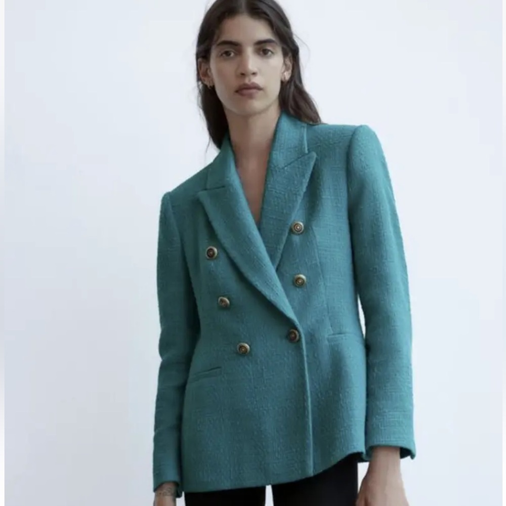 Zara Green Double Breasted Tweed Blazer - image 1
